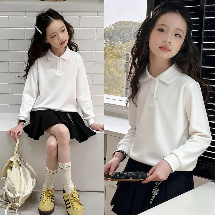 儿童纯棉女童polo衫长袖t恤春秋新款中大童带领上衣青少年打底衫