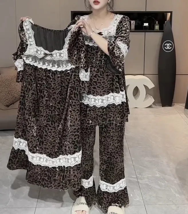 宫廷风方领蕾丝拼接豹纹家居服【实物微色差】