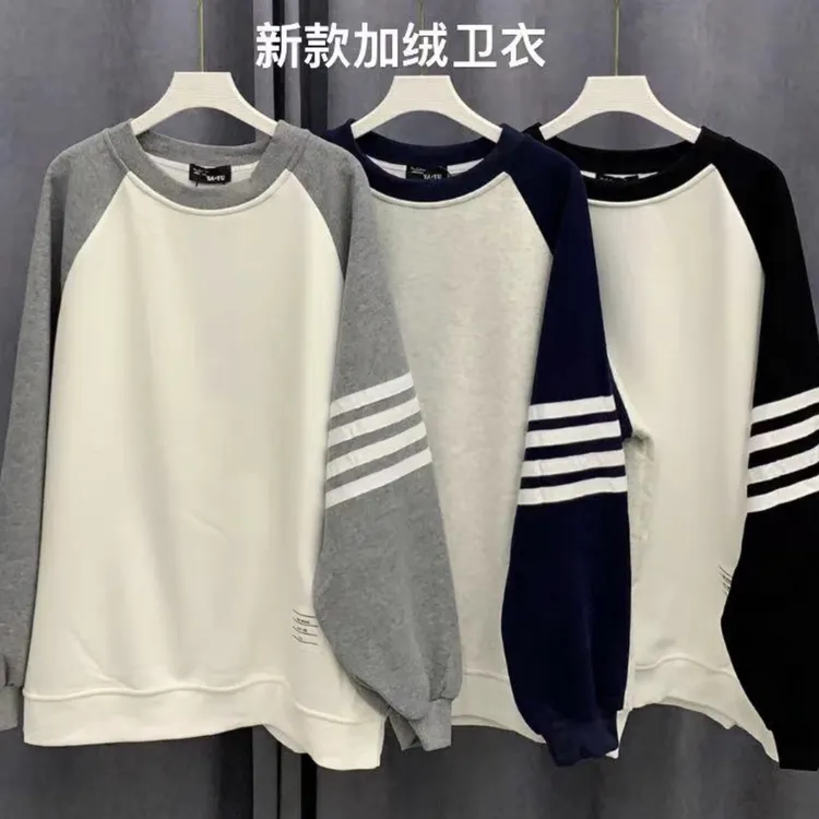 秋冬季加绒加厚圆领卫衣女四条杠拼接插肩袖男青少年学生情侣潮牌