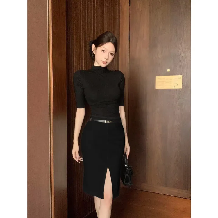 黑色半高领短袖正肩T恤女秋季开叉包臀半身裙辣妹性感气质套装女