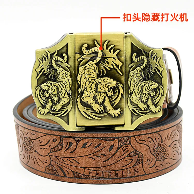 皮带打火机扣头压花腰带个性潮流时尚学生嘻哈打火机裤腰带黑色