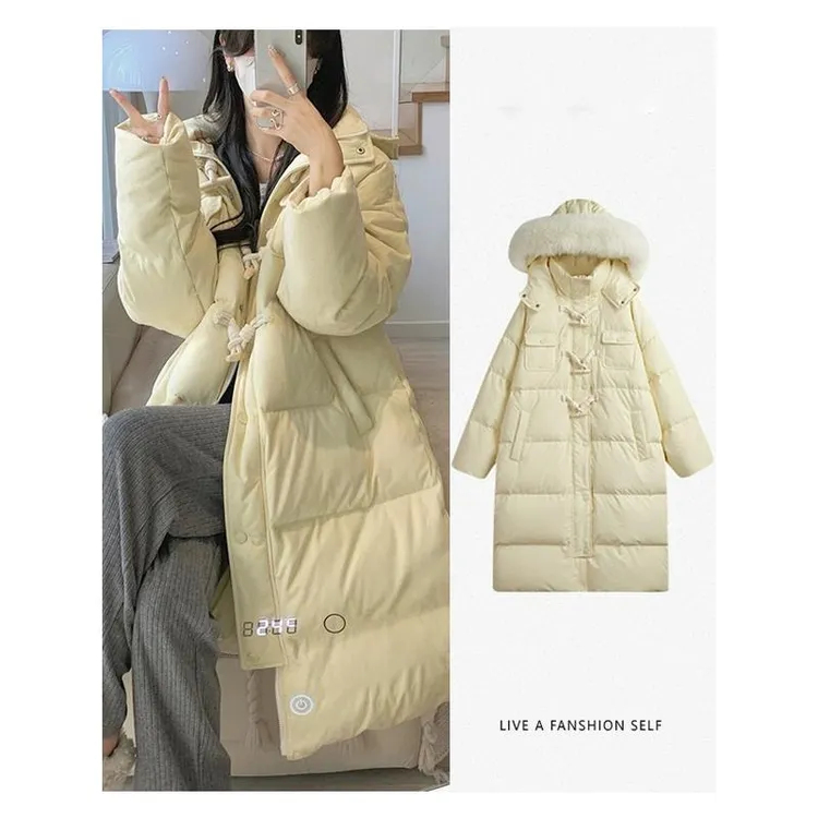 亮秋世羽嘉兴平湖羽绒服反季清仓新款牛角扣女中长款加厚白鸭绒大