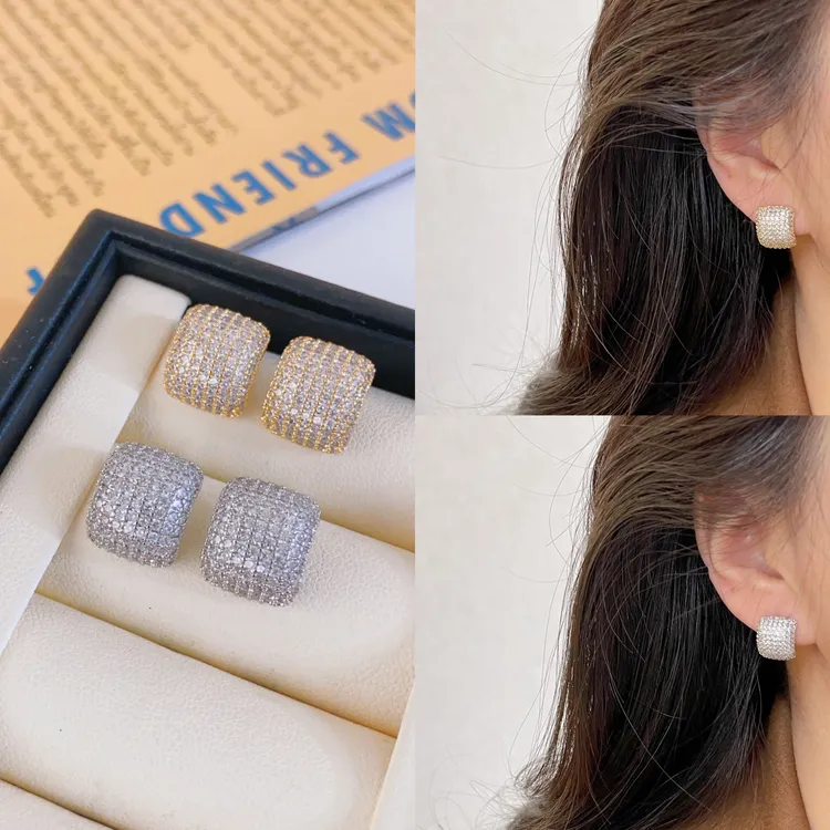 铜合金锆石耳饰 铜合金满钻耳饰 气质高级感小众设计几何方形耳钉