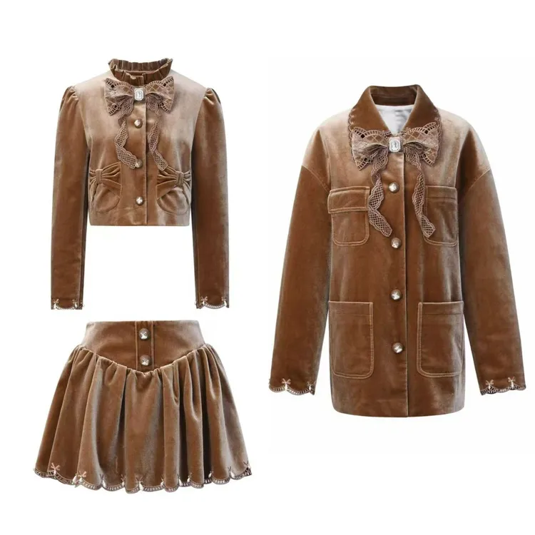 辰辰店美拉德蝴蝶结丝绒长短外套半裙