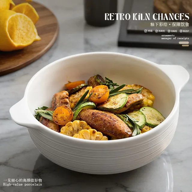 双耳汤碗2025新款陶瓷碗白色釉下彩大碗微波炉泡面碗家用大号汤盆
