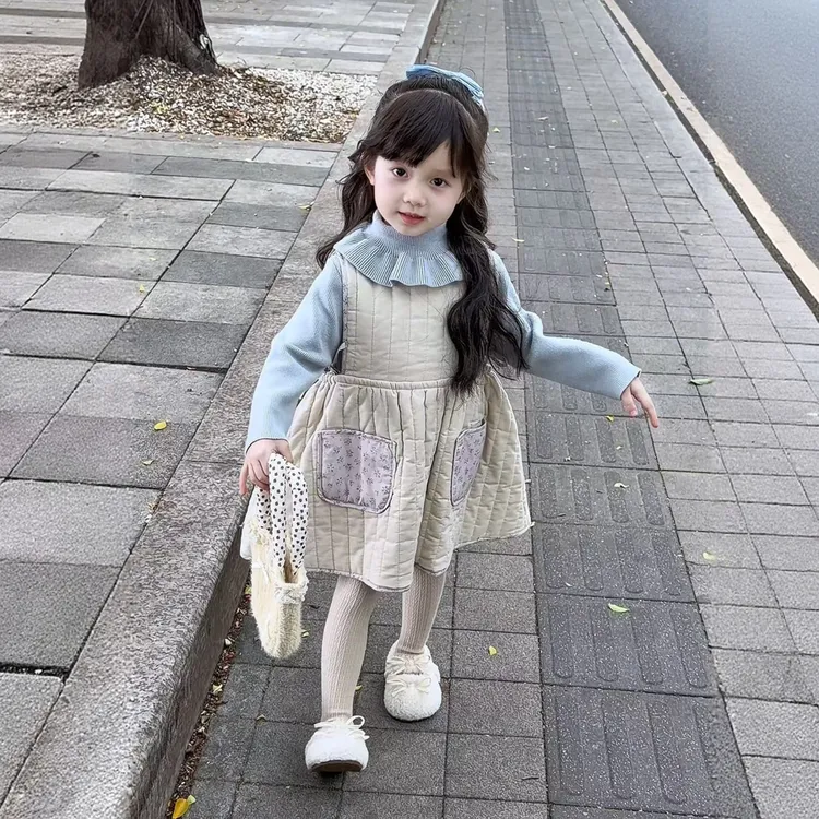 秋冬季女童巨好看的儿童森系复古韩版宝宝加厚夹棉冬装背心裙套装
