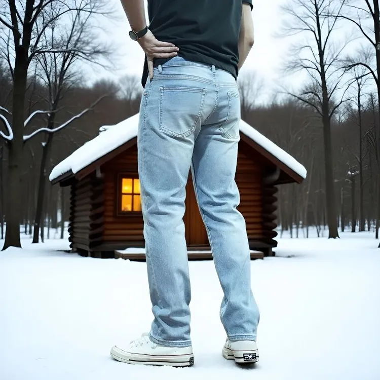 秋冬超火弹力浅蓝色水洗休闲厚款牛仔牛仔裤修身微弹直筒男士裤子