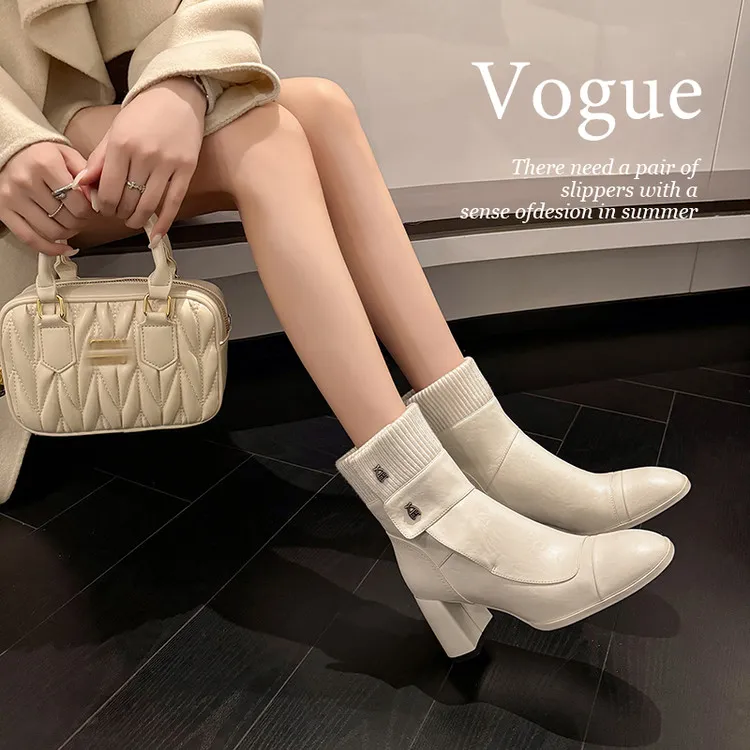 时装靴2025年冬季时尚粗跟拼接纯色时装靴时装靴短筒