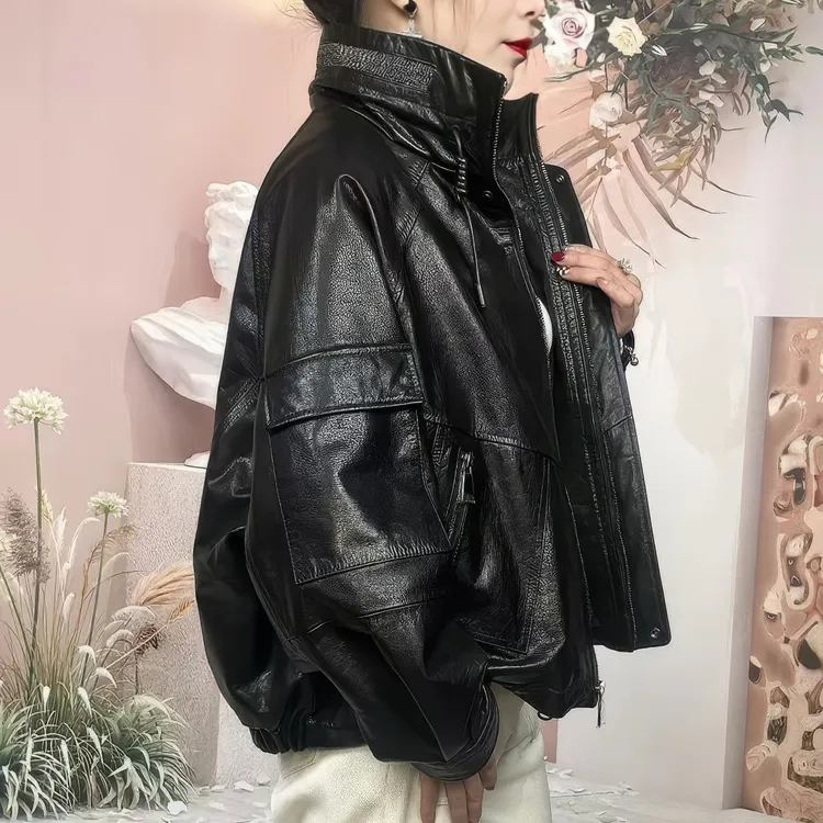 2025春秋真皮牛皮修身常规纯色气质减龄时尚百搭鹅绒休闲皮衣2501