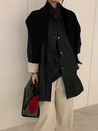 灰灰呀！高级感配披肩 韩系宽松百搭立领中长款休闲单排扣皮衣外套