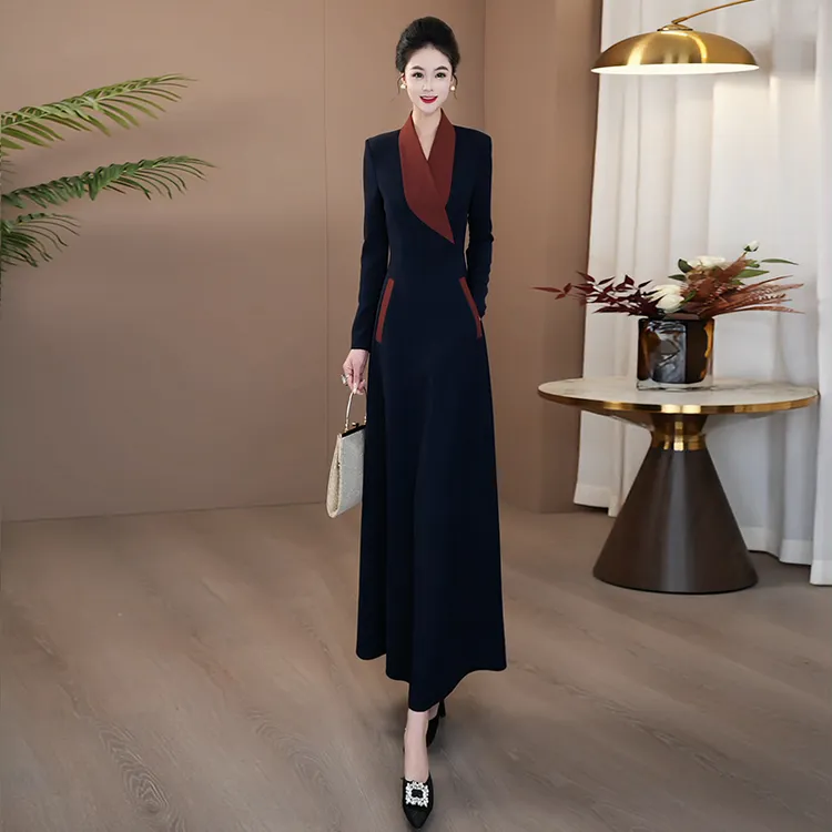藏蓝色宴会连衣裙2025秋新款简单大方高级感穿搭长款连身裙子176