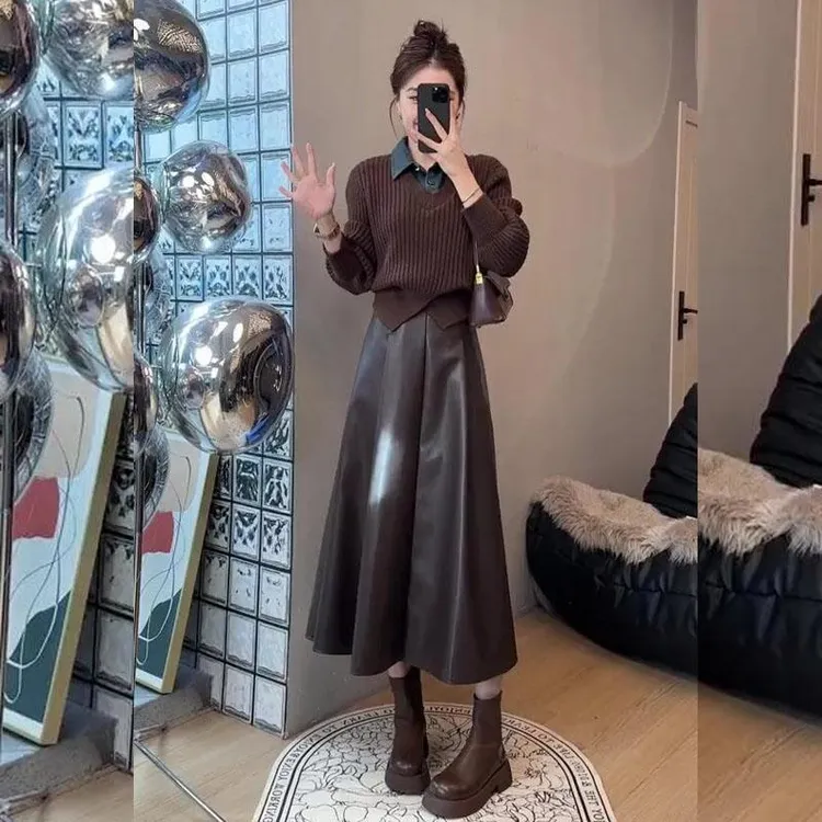 初秋穿搭高级感套装女洋气假两件针织衫毛衣高腰皮裙半身裙两件套
