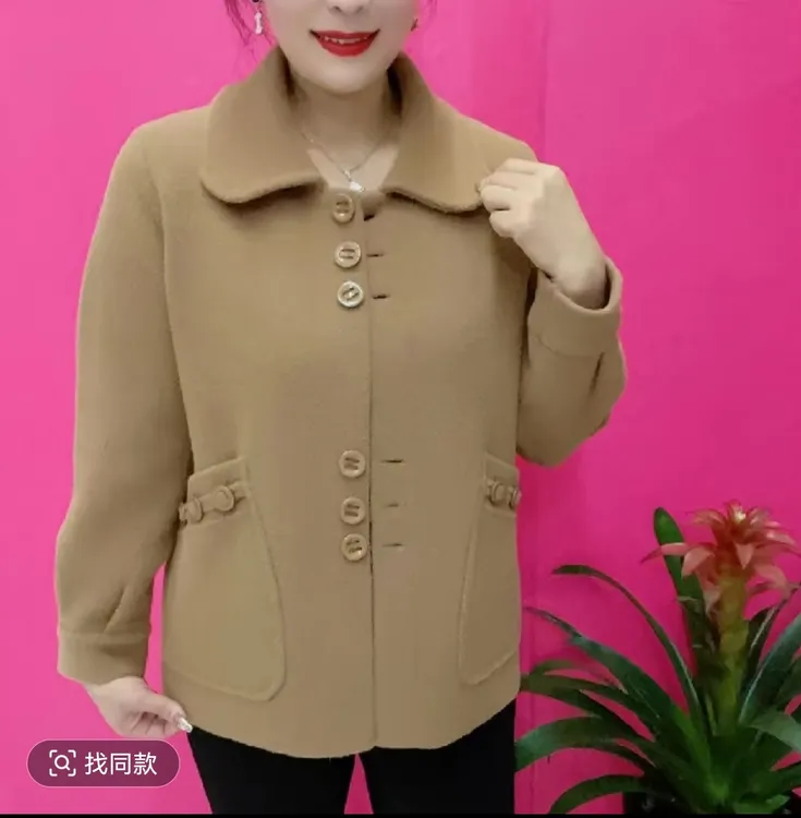 中年妈妈秋装新款加厚保暖毛衣开衫高级气质拼接口袋翻领纽扣外套
