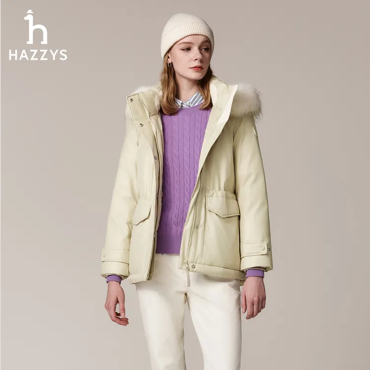 HAZZYS哈吉斯女士冬季加厚保暖连帽毛领羽绒服时尚百搭休闲外套