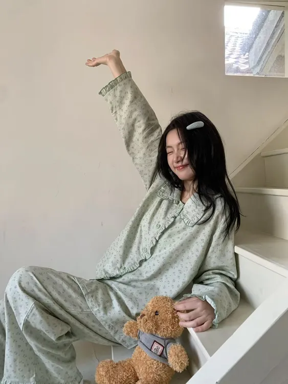 100%纯棉纱布睡衣女款秋季韩系甜美碎花长袖长裤全棉家居服可外穿