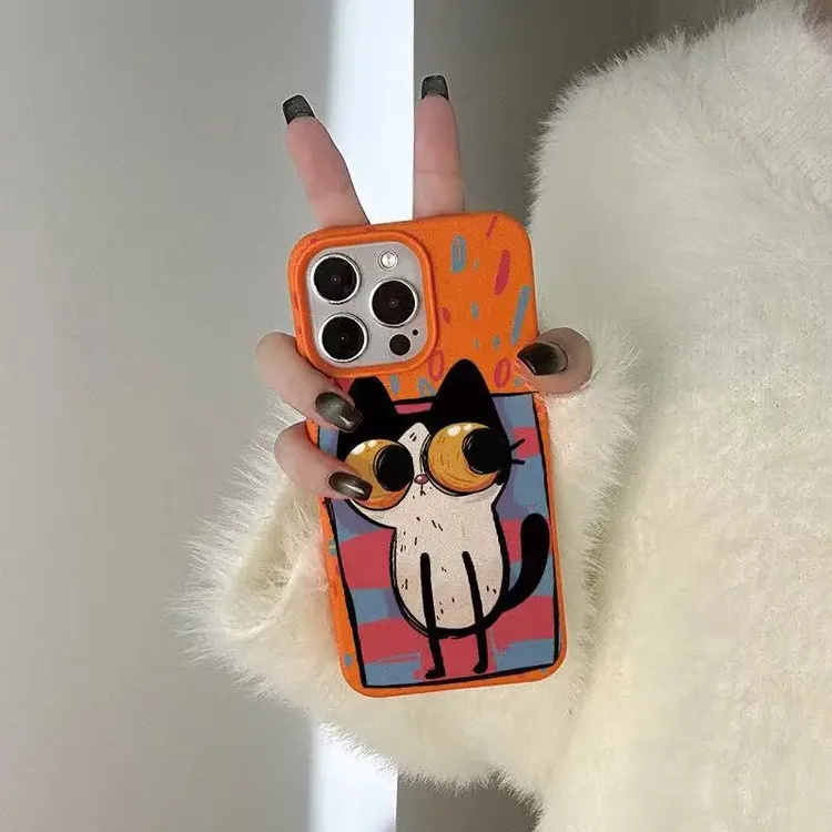 ins风抽象猫适用苹果16/17手机壳iPhone15promax14荔枝纹13/1211