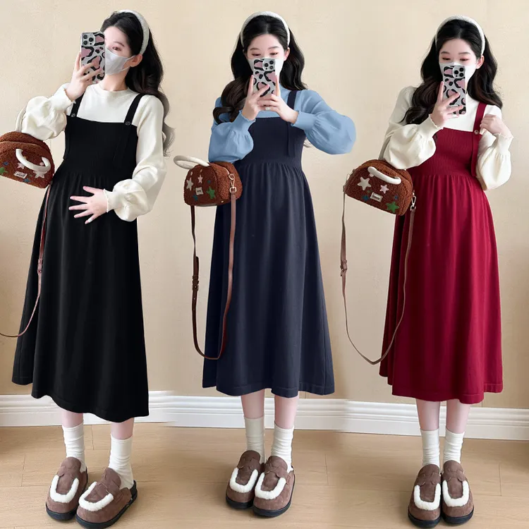 时髦孕妇装新韩版时尚小香风减龄显瘦假两件包芯纱大码春秋连衣裙