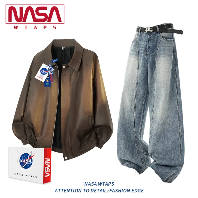 NASA WTAPS皮衣男款春秋季美式潮牌翻领皮夹克痞帅休闲运动两件套
