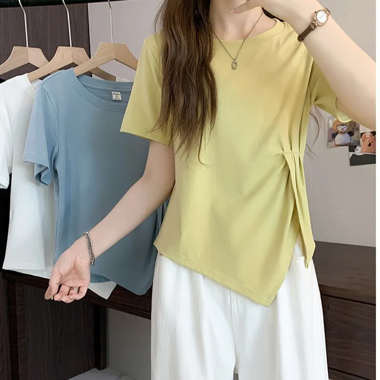 T恤女夏季宽松修身减龄小众开叉不规则大码显瘦穿闲正肩百搭短袖