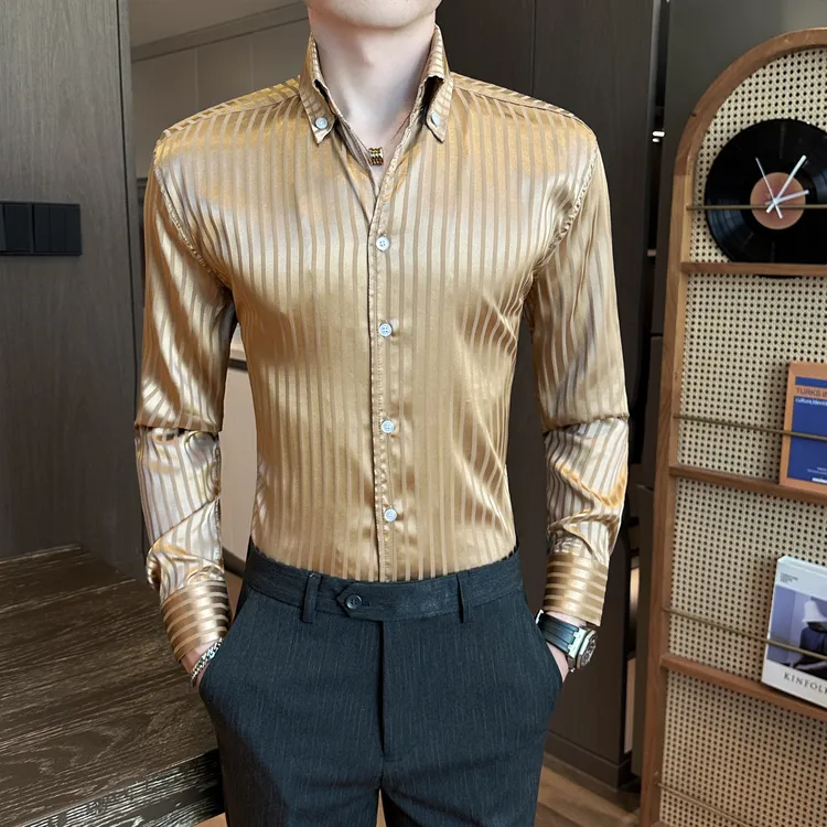 高级感条纹大V领长袖衬衫男装秋季2025新款潮流痞帅网红休闲衬衣