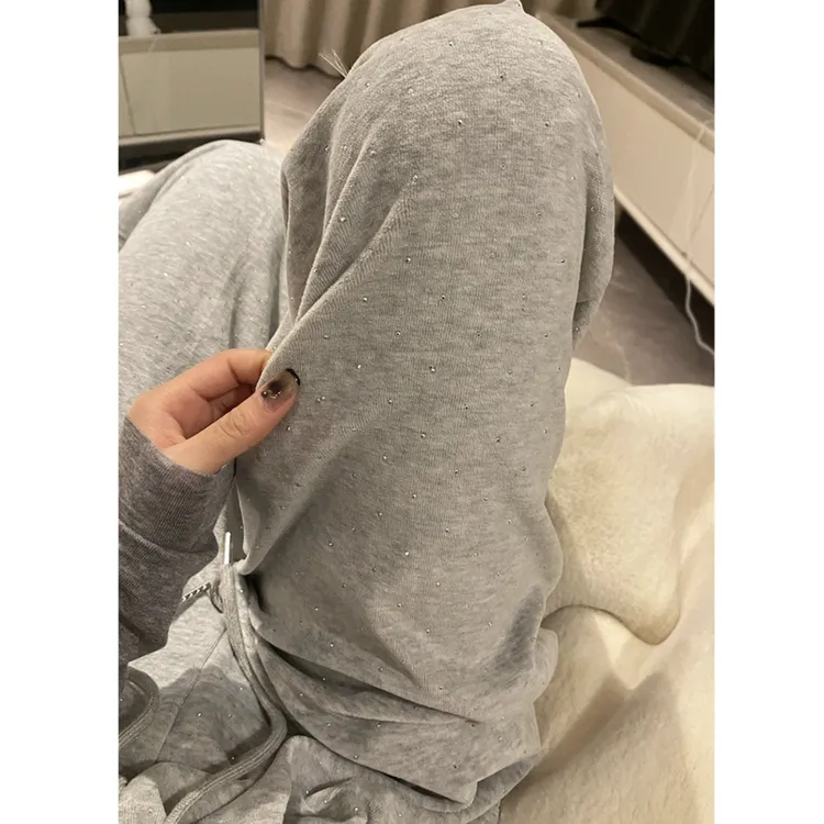 糯米裤女2025春秋垂感外穿宽松高腰重工烫钻高级感白色直筒休闲裤