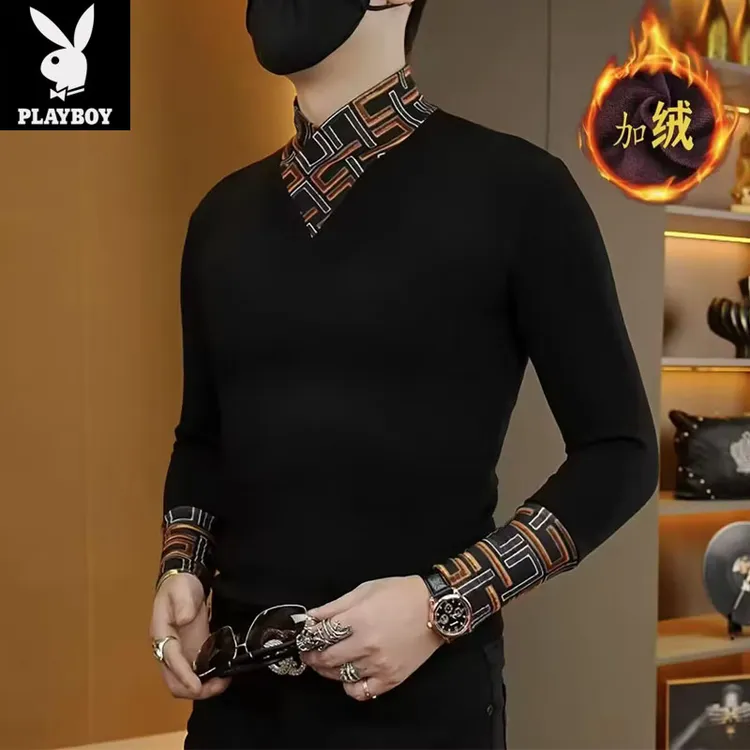 花花公子冬季轻奢潮流网红时尚百搭男士加绒修身打底衫围巾领卫衣