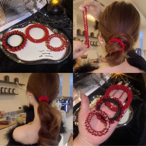 新年红色手工发圈女本命年发饰手链简约皮筋扎头发头绳发绳