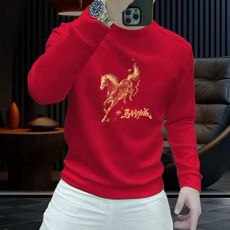  2026马年新款圆领男士美式印花卫衣套头潮流休闲百搭打底长袖