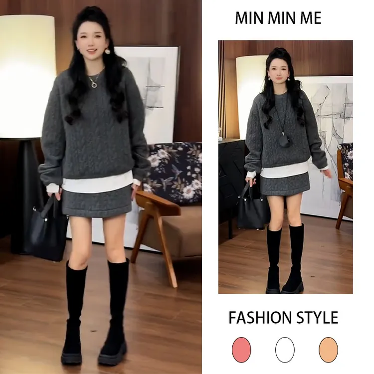 时尚套装加厚法式圆领上衣女搭休闲半身短裙2025秋冬季新款两件套