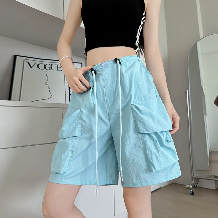 大口袋工装短裤女夏薄款2025新款女装美式休闲裤速干阔腿五分中裤