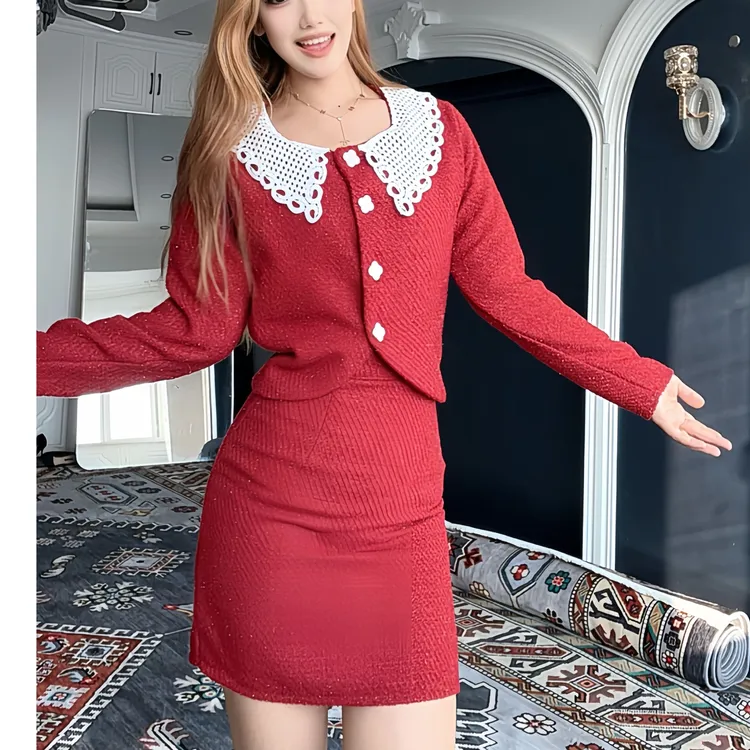 休闲时尚套装红色修身针织短裙裙子时尚长袖气质秋冬收腰小香风