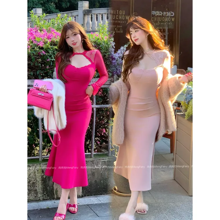 萌面侠肉肉怡【桃汁妖妖】法式优雅纯欲镂空小心机设计连衣裙3839M