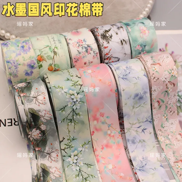 4厘米宽水墨国风印花棉带蝴蝶结发饰材料diy手工蝴蝶结