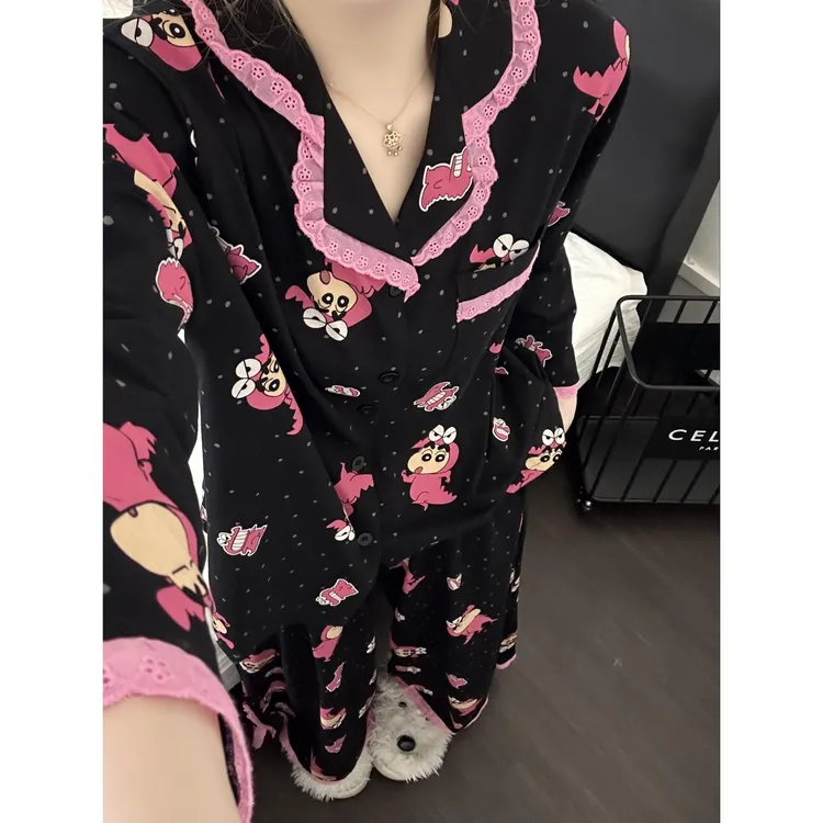 韩系可爱黑色恐龙小新云朵棉长袖睡衣女春秋季新款休闲家居服套装