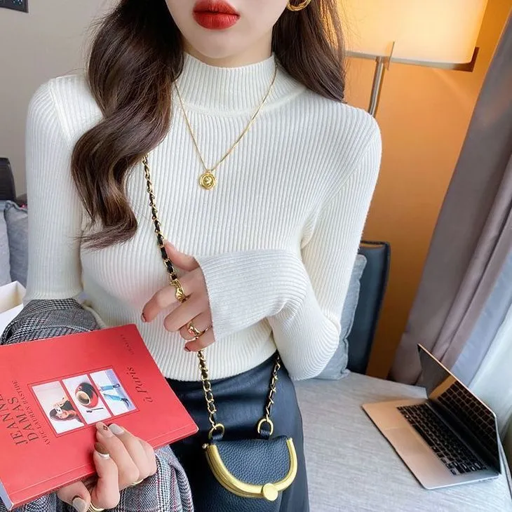 秋冬打底毛衣女短款长袖半高领紧身内搭毛衫修身百搭简约针织衫女