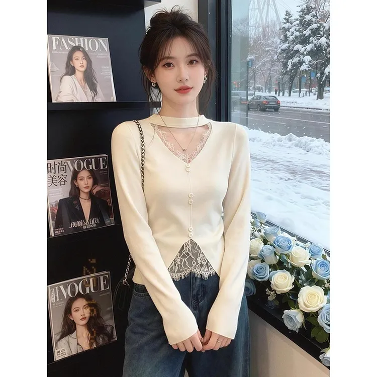 2025秋冬高级时尚洋气上衣韩系chic独特超好看白色蕾丝拼接T恤女