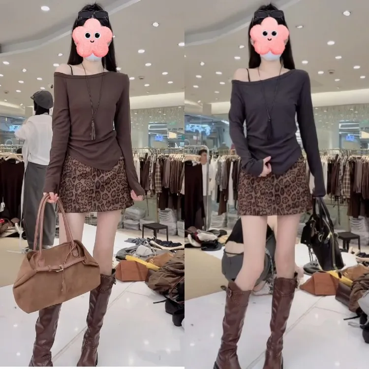 【清冷波尔顿】2025新款气质设计感上衣+百搭显瘦豹纹短裙LK2505680