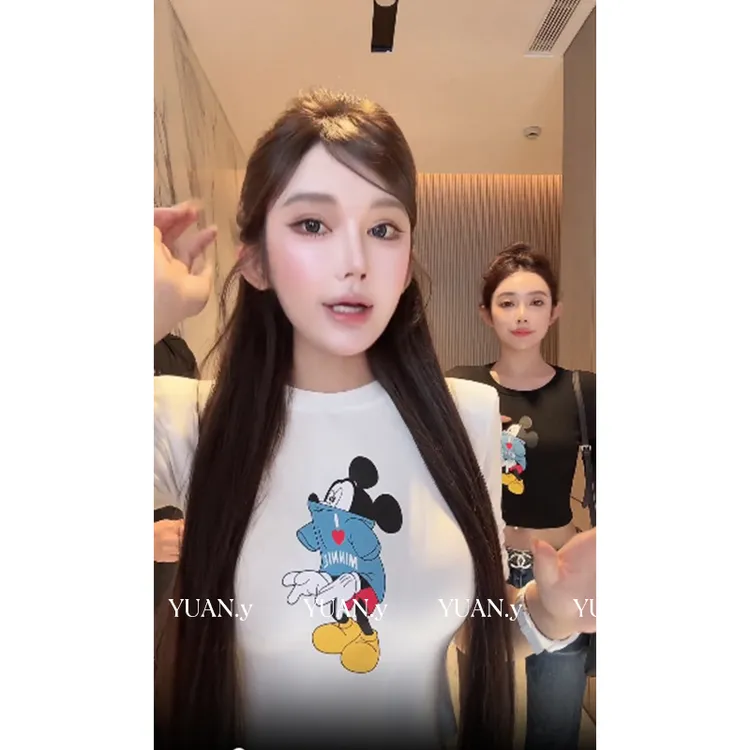 媛媛 【可爱米老鼠】圆领短款百搭时尚显瘦潮流韩系t恤#D1015