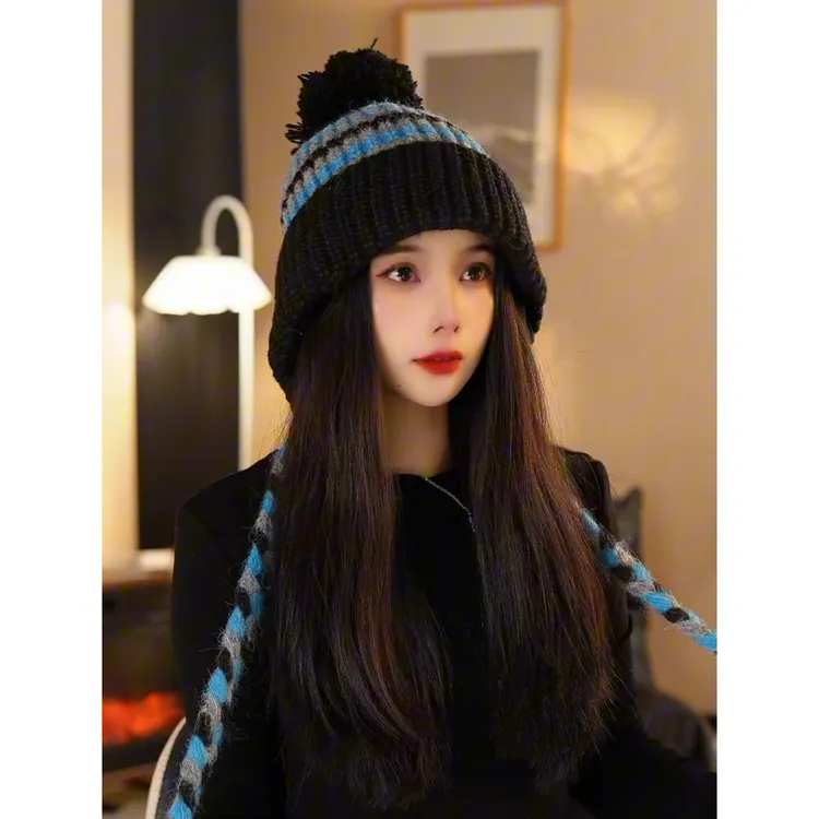 毛球费尔岛风条纹针织帽女秋冬大头围保暖护耳毛线帽包头雷锋帽子
