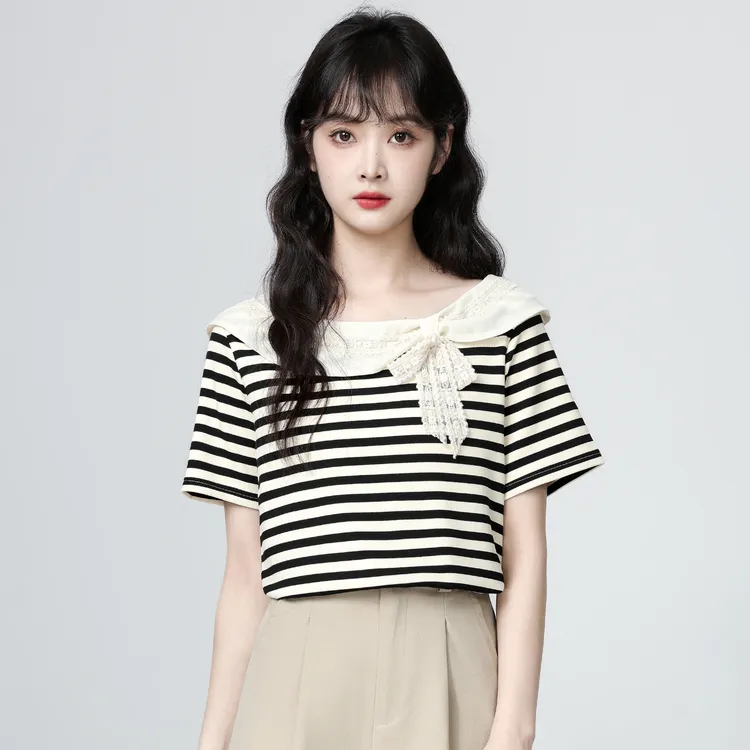 法式黑白条纹短袖T恤女2025夏季新款设计感宽松体恤独特别致上衣