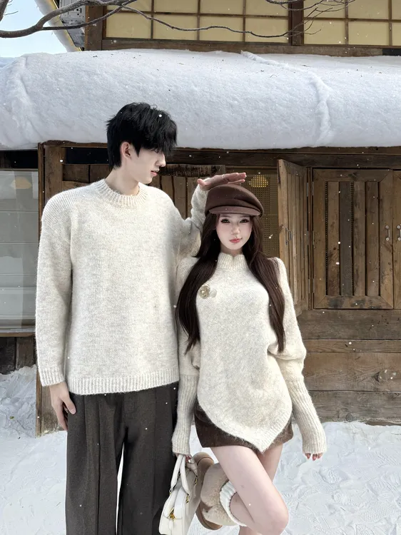 情侣装秋冬长袖休闲风ins拼接蝙蝠袖网红针织法式毛衣