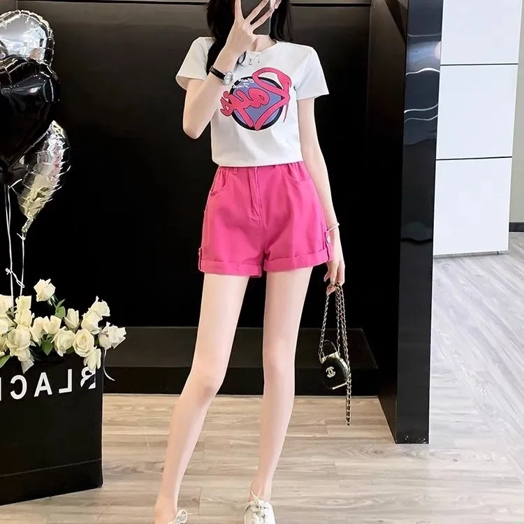 夏季显瘦甜短袖恤上衣洋气宽松小个子百搭玫红字母修身