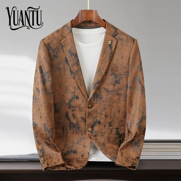秋冬长袖西服上装男款加大亚麻西服潮流休闲印花春秋商务时尚轻奢