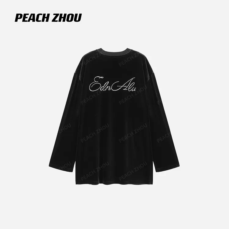 『PEACHZHOU』丝绒'真奥钻'字母宽松圆领长袖休闲高级感大版长袖