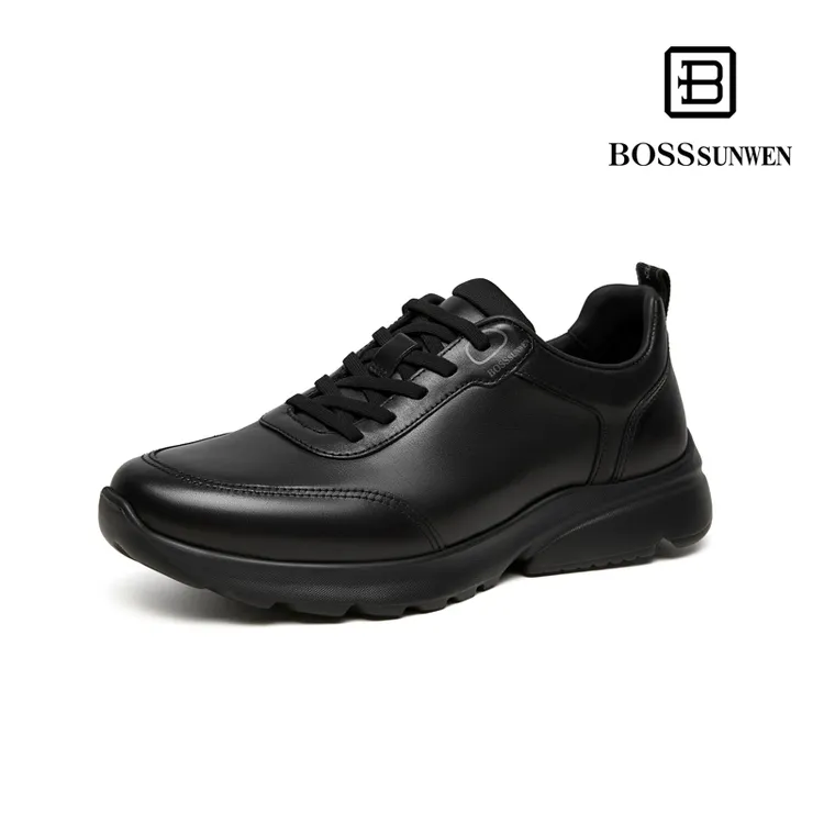 BOSSSUNWEN百搭保暖圆头休闲皮鞋商务增高系带黑色棕色男鞋