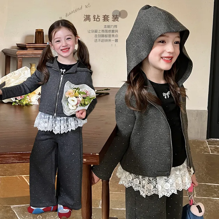 栀了成长记童装女童韩版满钻套装秋季新款儿童女宝蕾丝洋气两件套