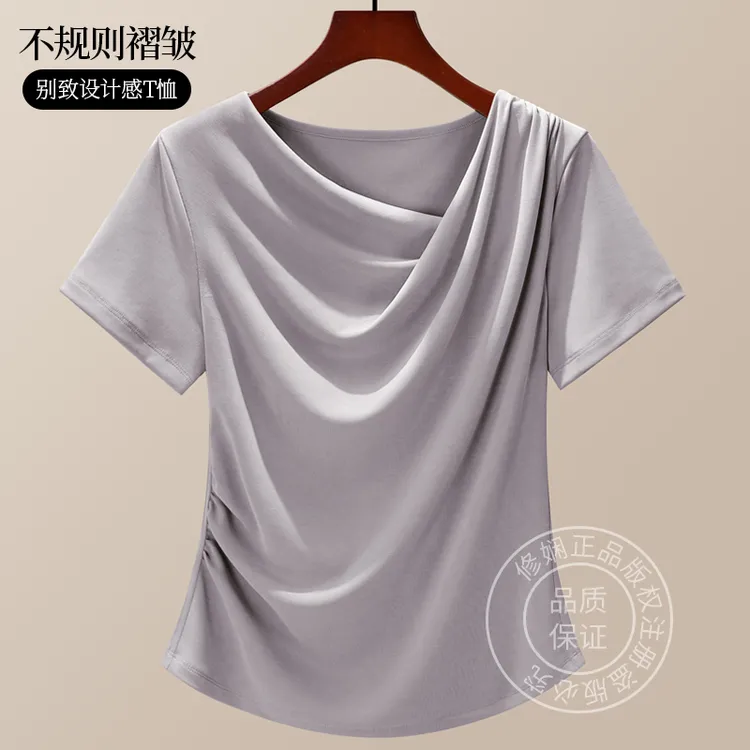 不规则褶皱ins别致独特设计感荡领短袖T恤女2025夏季新款小众上衣
