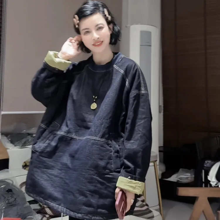 【芬姐精选】秋冬新款圆领中长款撞色棉服外套大码休闲百搭