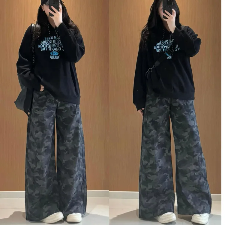 大码美式高街工装阔腿迷彩牛仔裤女秋季复古梨型身材高腰直筒裤子