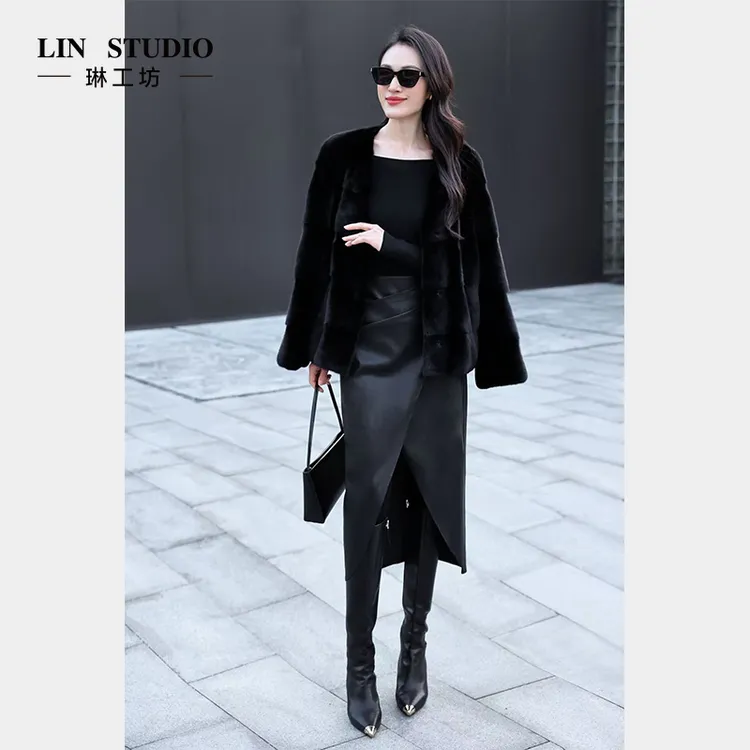 【小羊皮】琳工坊“露霏”黑色半裙气质优雅显瘦时尚修身唐琳设计师